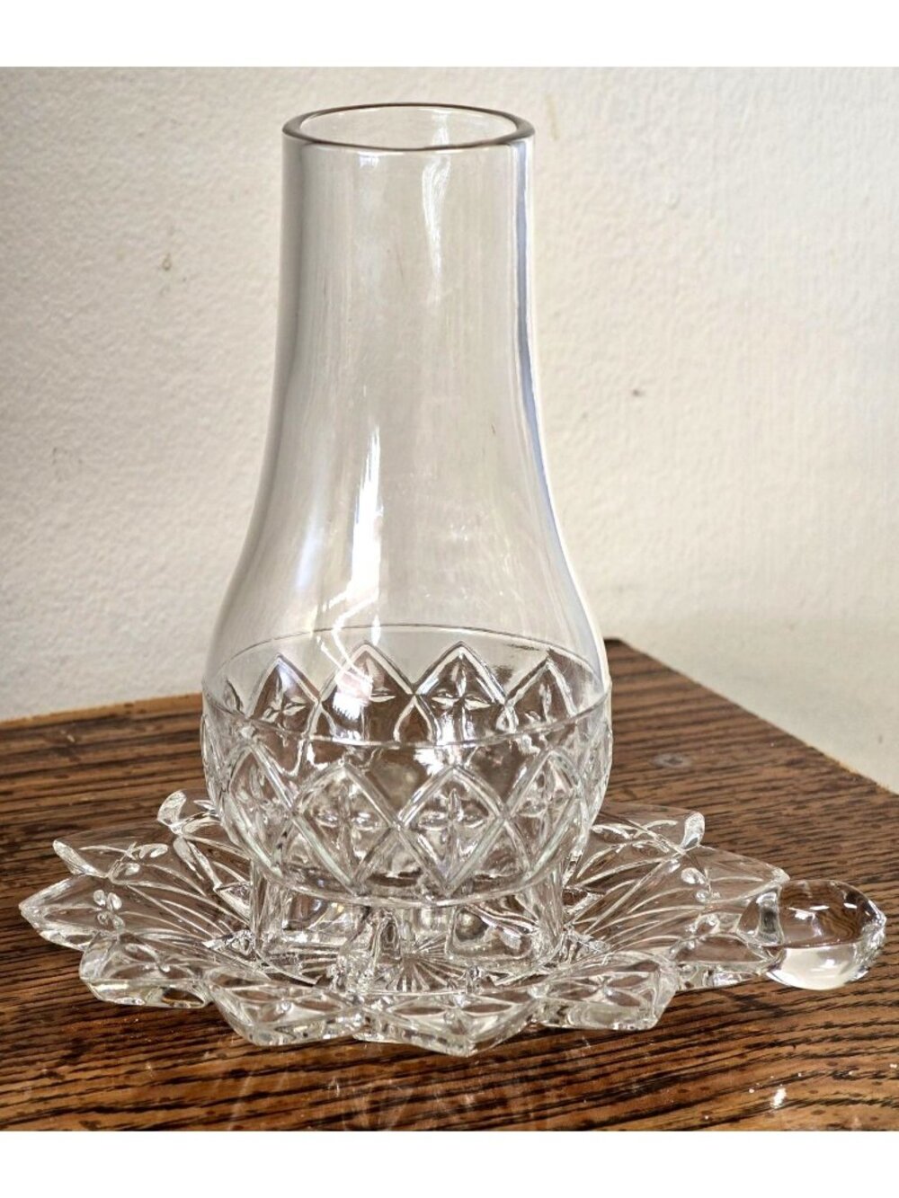 Vintage Miniature Pressed Glass Hurricane Finger Candle Holder Lamp Clear